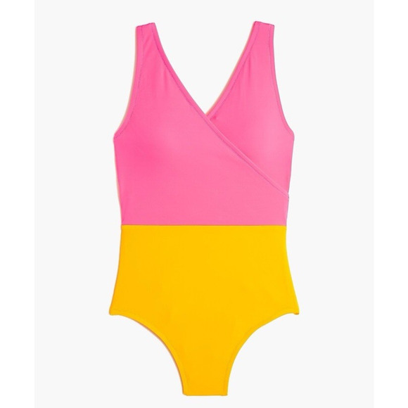 J.‎ Crew Factory Swimsuit One Piece Color Block Pink Yellow V Neck Size Medium - Picture 1 of 11